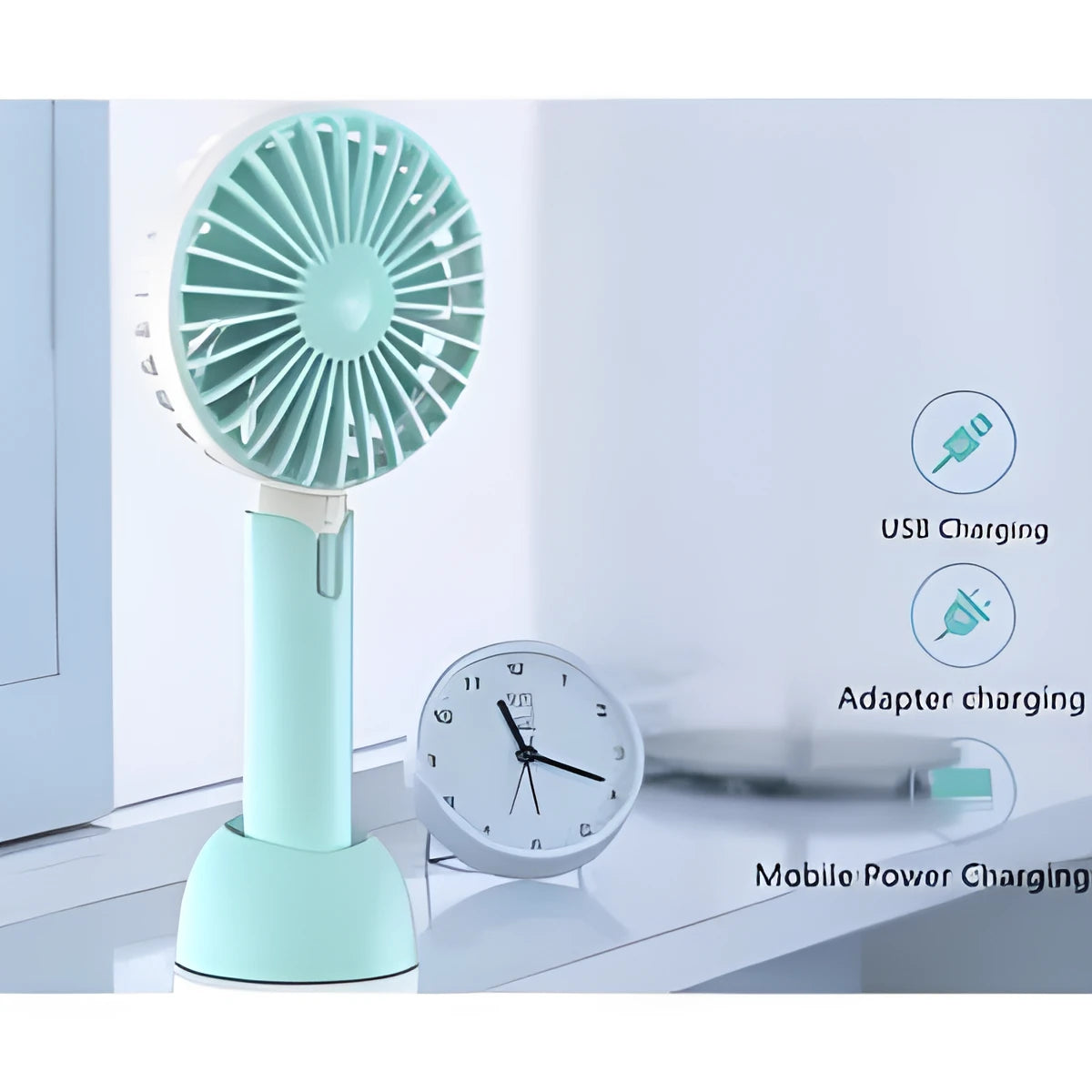 Blue mini USB desktop and handheld personal electric fan with oscillating head.