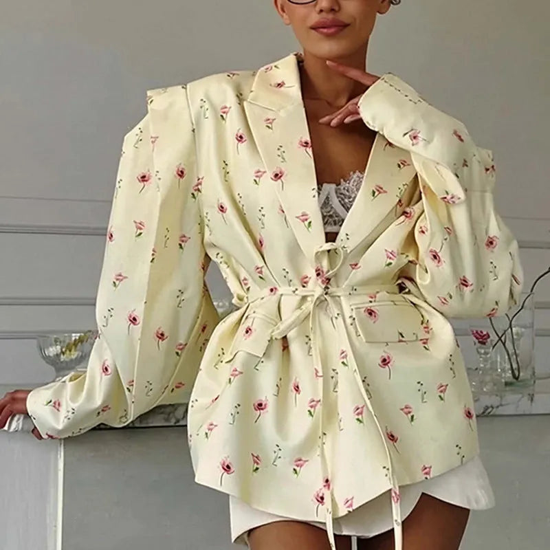 Collar lace-up waist-tight suit jacket with floral print pattern and adjustable waist