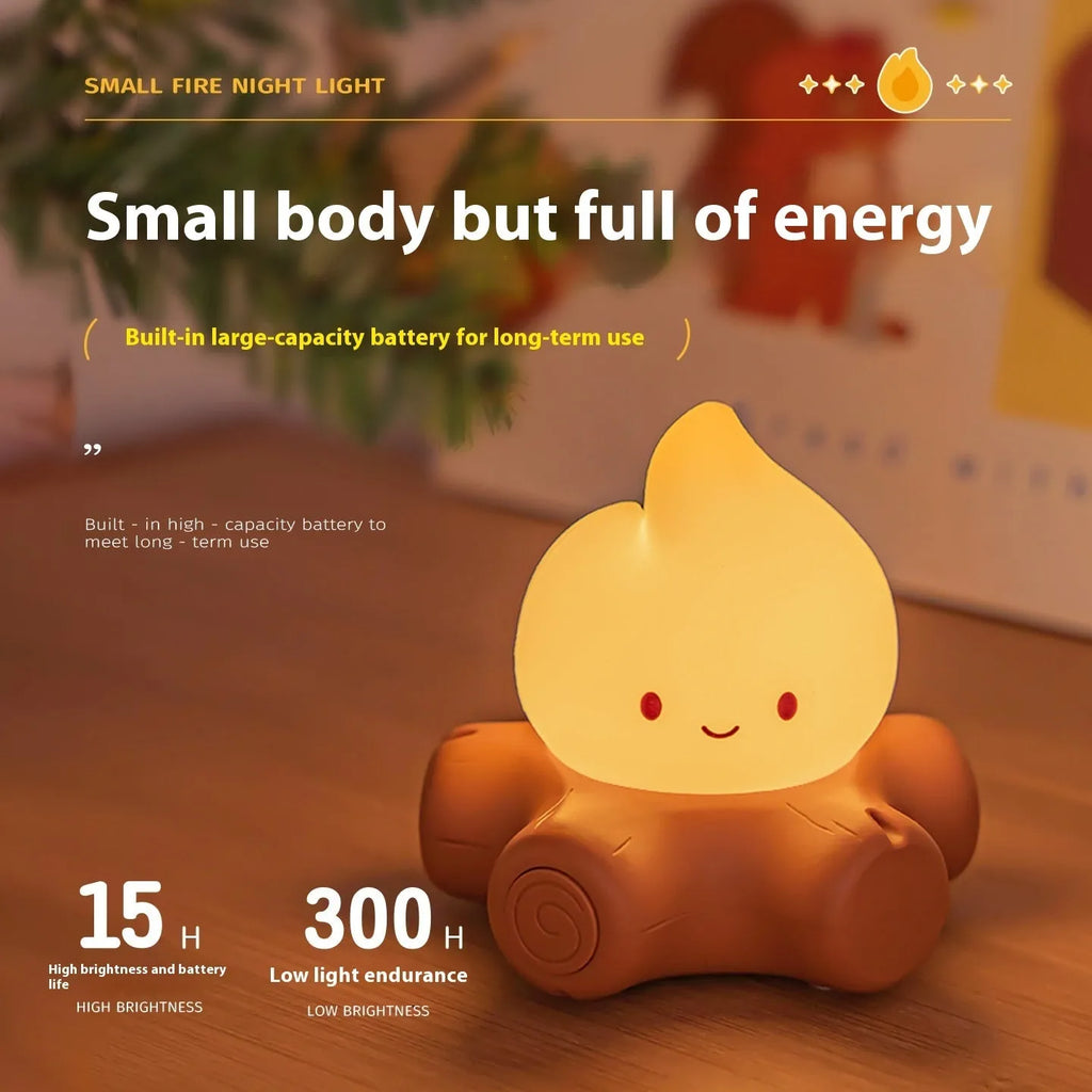 Small silicone fire pile night lamp with cartoon design showing yellow illumination