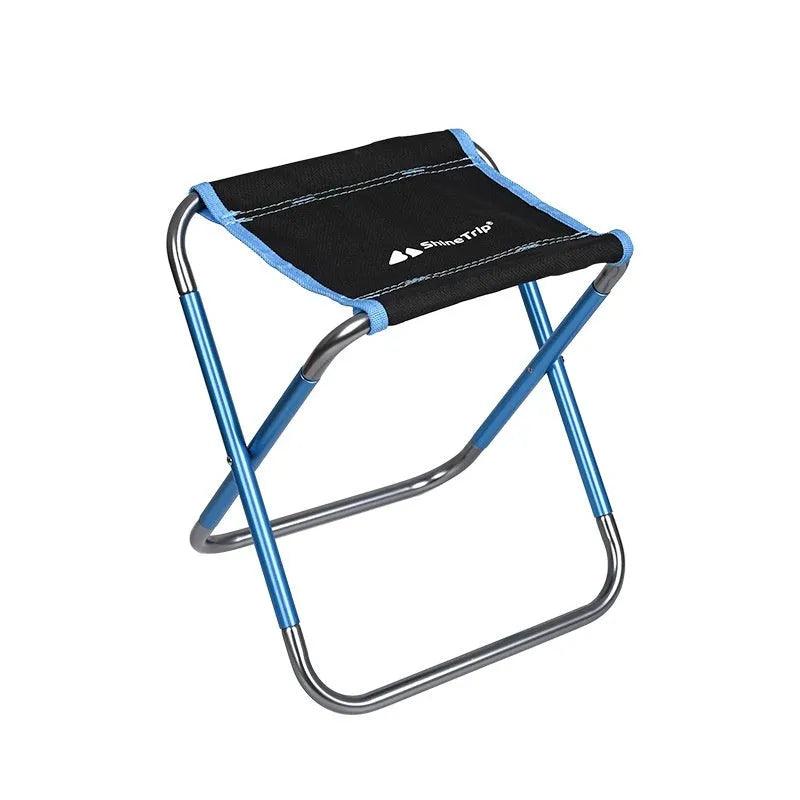 Black aluminium alloy folding stool shown in folded and unfolded positions for camping and outdoor use.