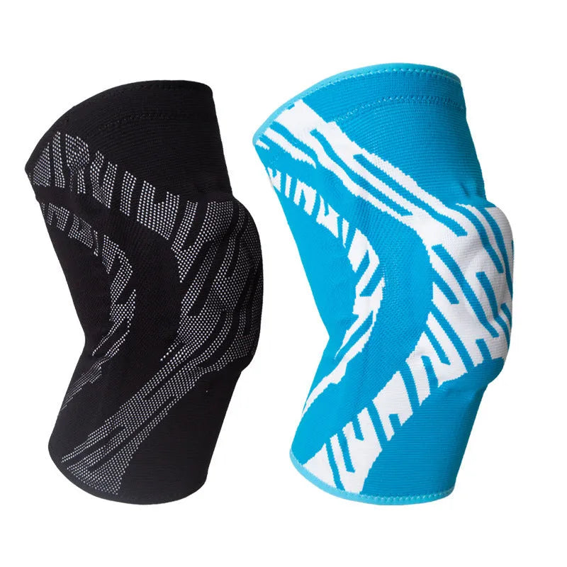 A pair of black nylon basketball knee pads with adjustable straps, shown laid flat.