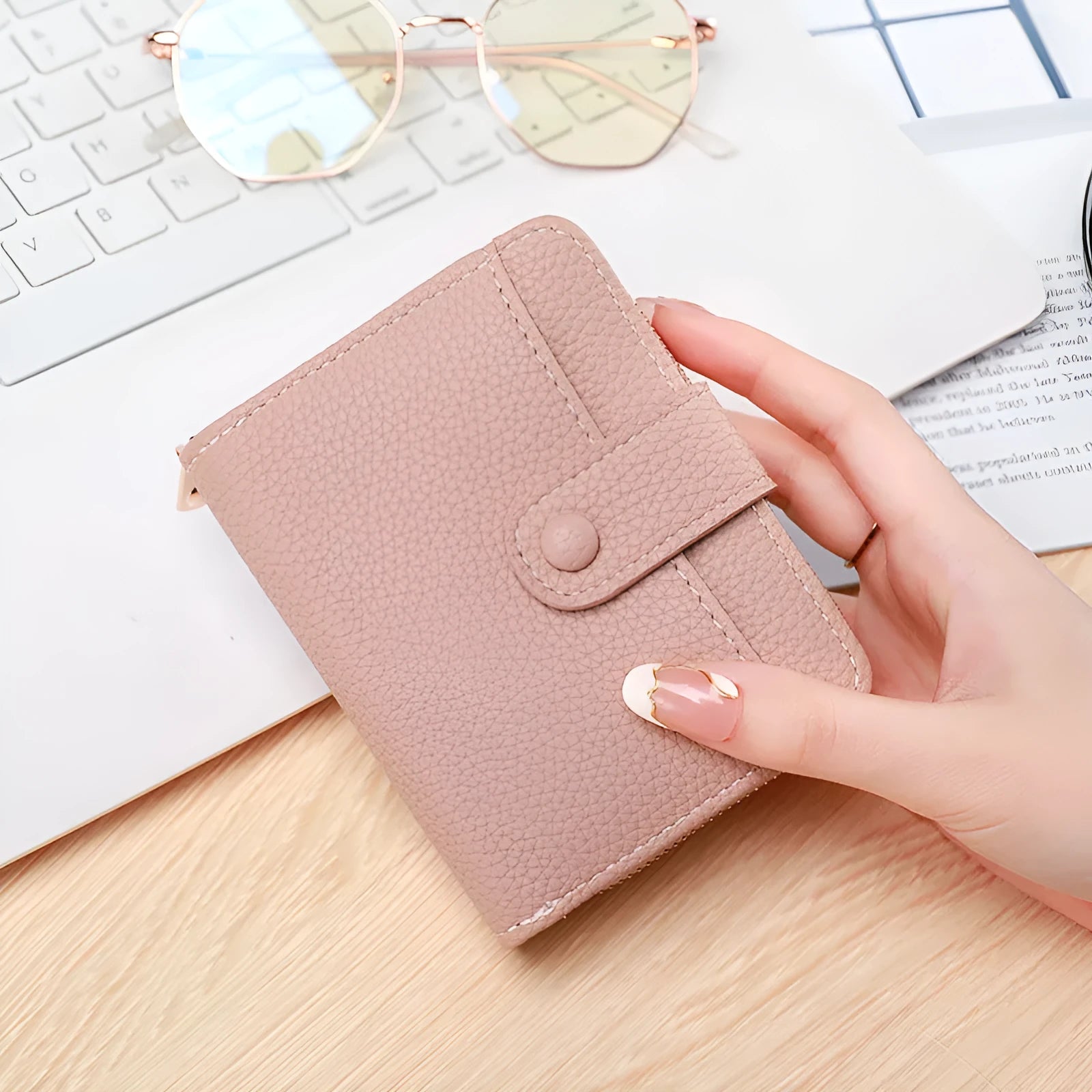 Ladies' short PU leather wallet with a lychee pattern, shown folded, in beige, pink, black, and red colour options.