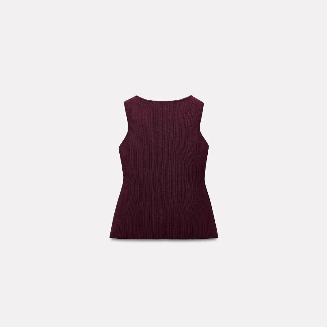 Women's slim fit dark red viscose sweater vest with 3D pattern texture