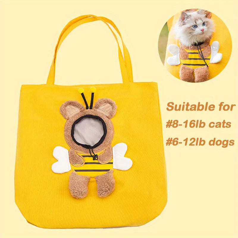Canvas pet carrier bag with animal patterns, showing safety zippers and an elastic side opening.