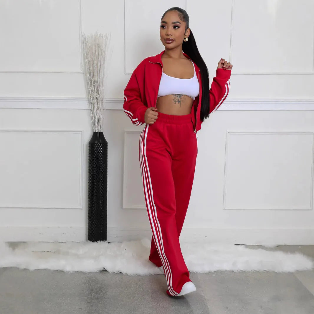 Striped zipper sweater and trouser two-piece set in street hipster style