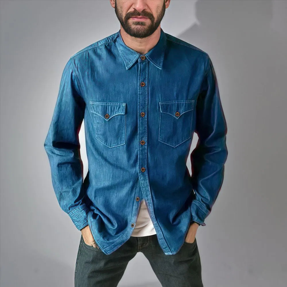 Regular fit denim cardigan coat in khaki on a hanger.