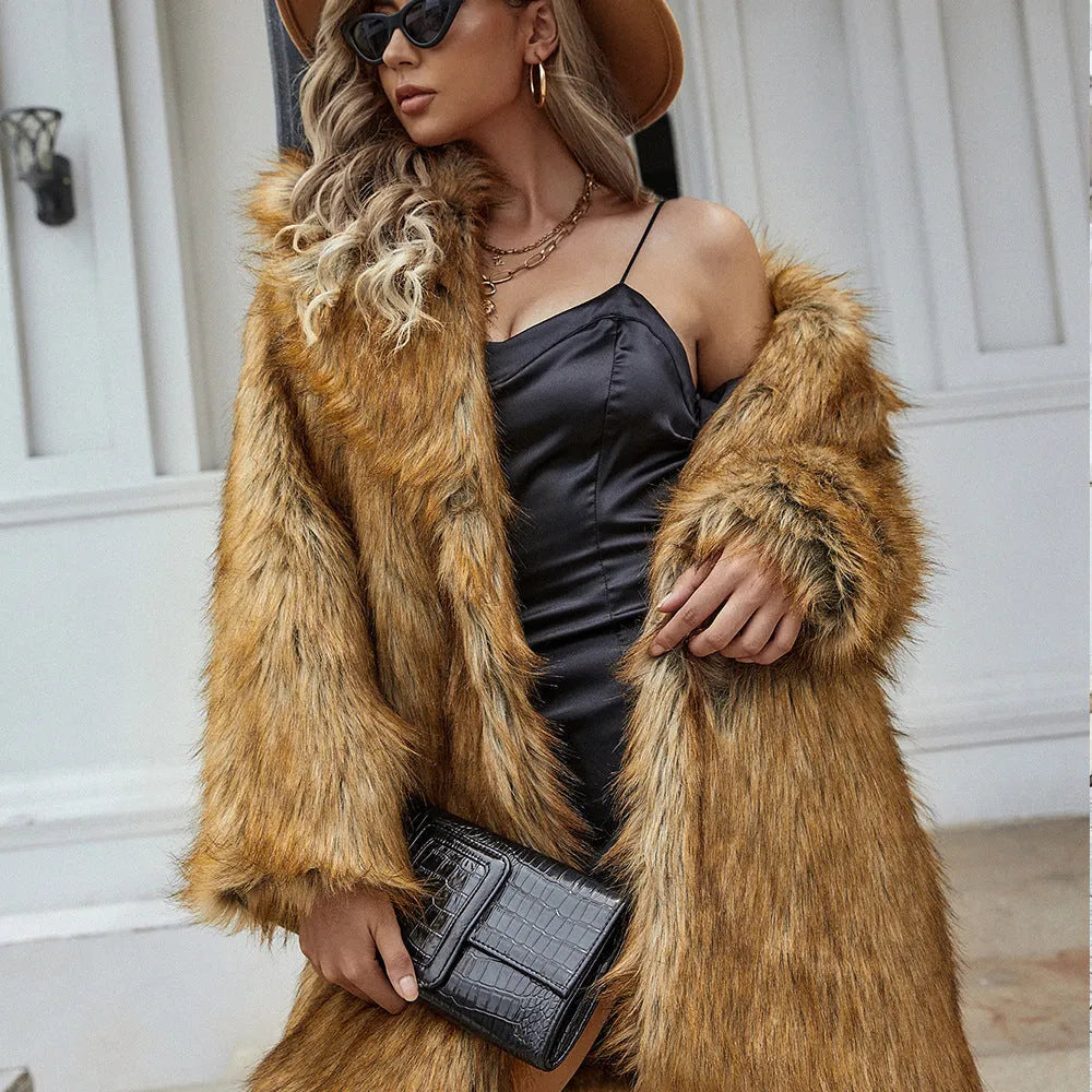 Yellow women's faux fur coat with loose fit and 80cm length, regular sleeves