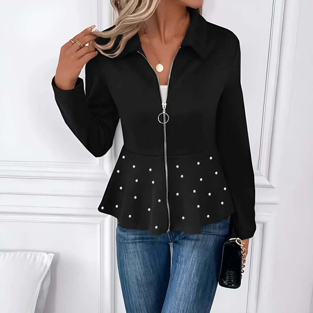 Women's loose fit coat with heavy-duty front zipper and ruffled hem in black, dark red or grey.