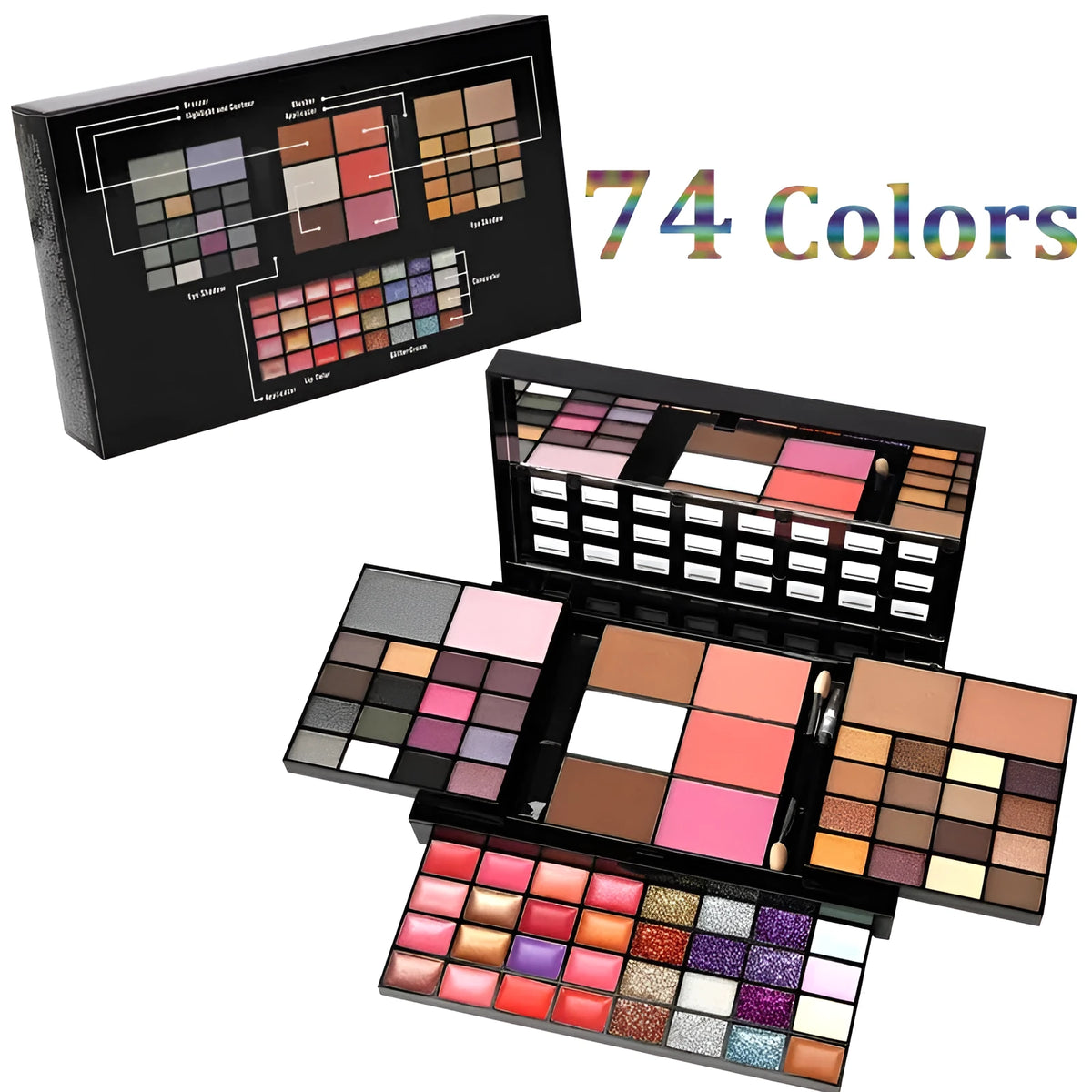 74 colour makeup combination palette open showing eyeshadows, lip glosses, and brushes