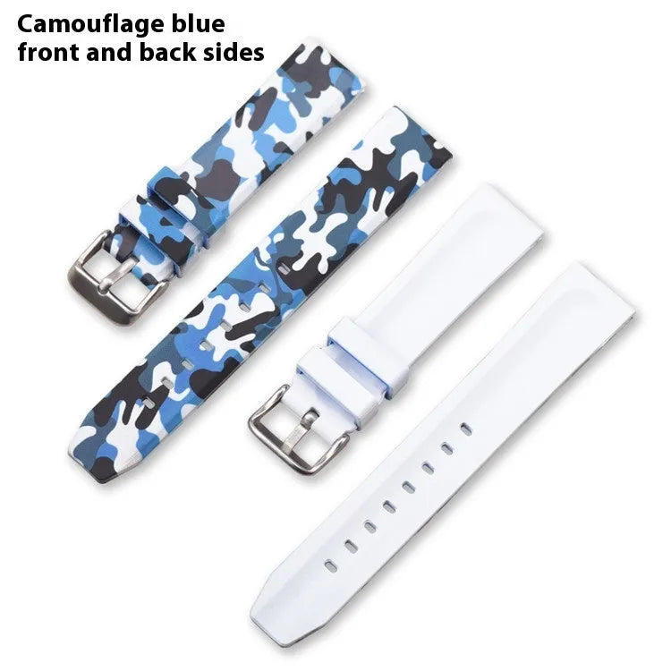 Camouflage patterned silicone watch strap showing blue, grey, and green colour options in 20mm, 22mm, and 24mm widths