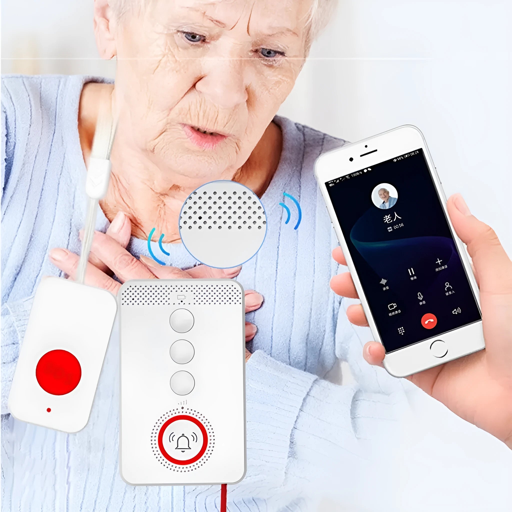 White emergency alert buzzer unit with separate emergency buttons for elderly care