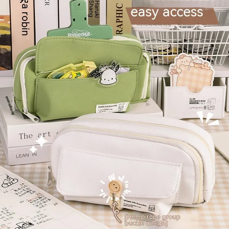 Korean style canvas pencil case in green colour with large capacity for approximately 80 pens