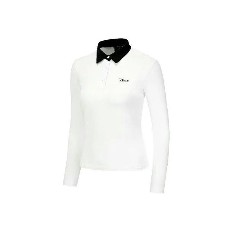 White slim-fit long sleeve women's golf top on a hanger