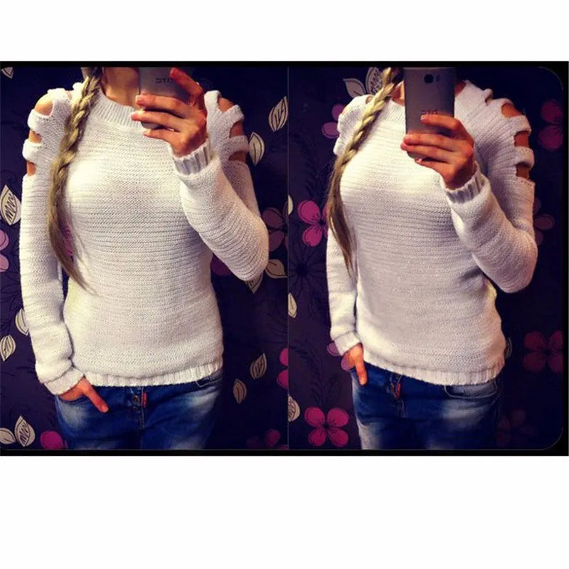 Women's white knitted bottoming shirt with hollow-out crochet detail showing round neck and long sleeve construction