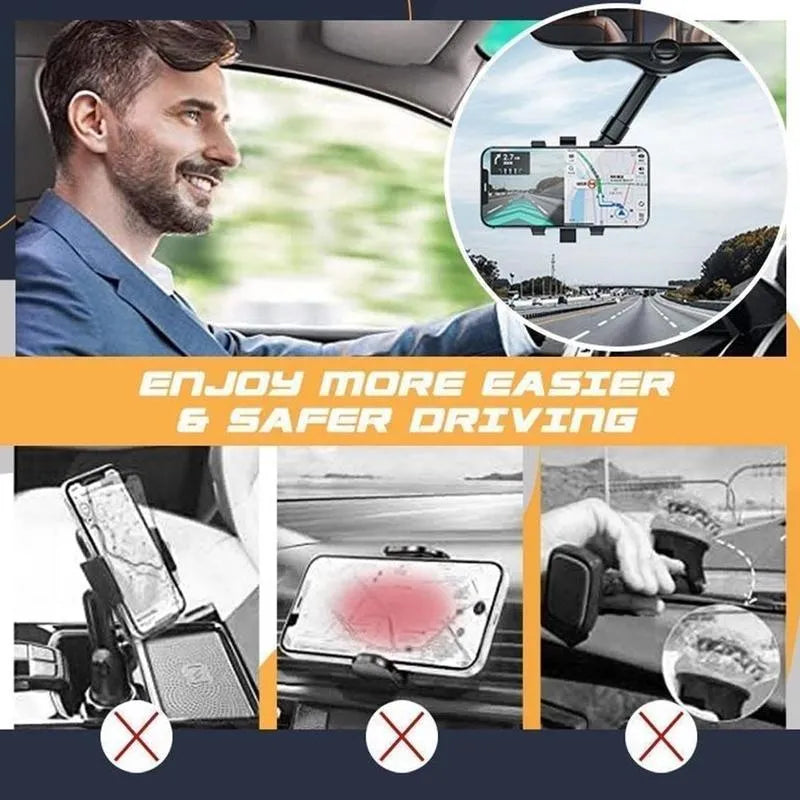 Black rearview mirror phone holder with telescopic arm and four-claw phone grip mounted on a car mirror