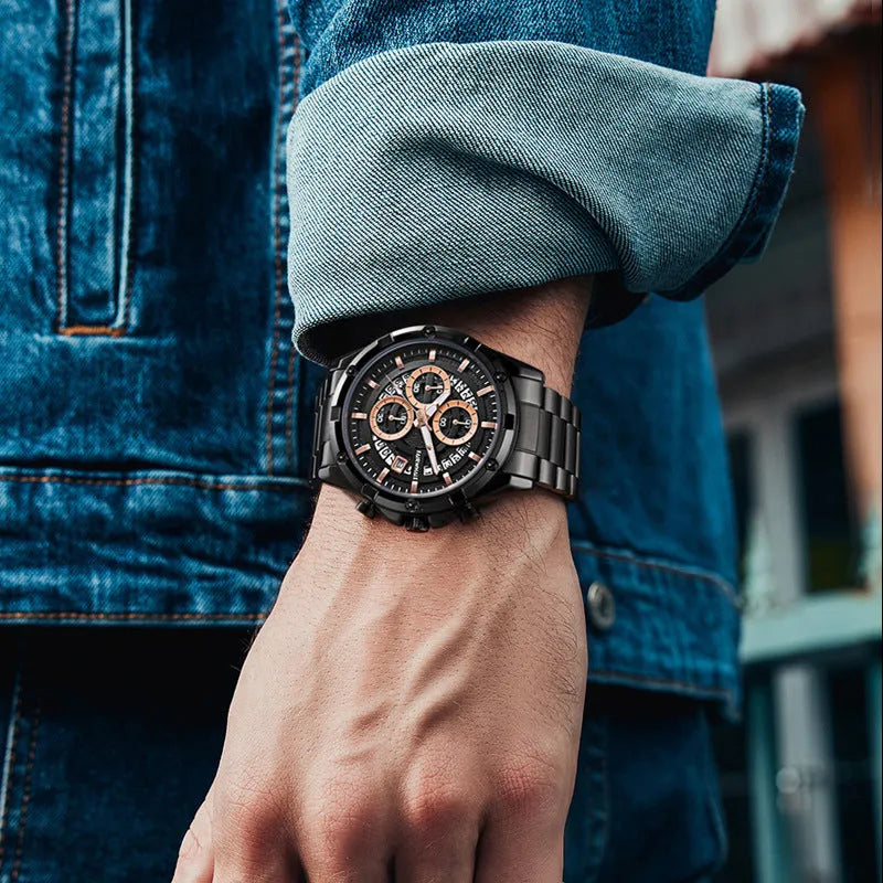 Men's waterproof luminous quartz watch with steel belt in black silver or gold surface options 10mm thickness