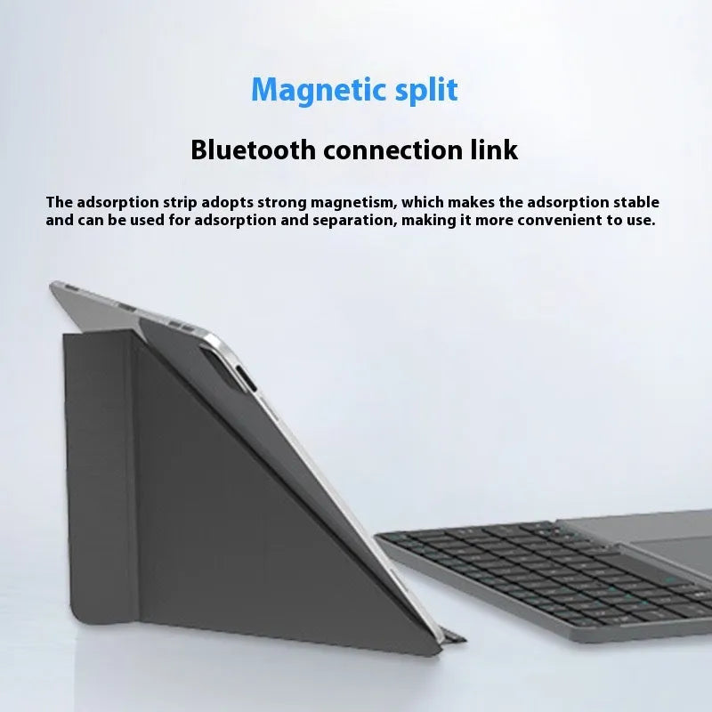 Grey wireless Bluetooth folding keyboard shown both folded and unfolded with mobile phone