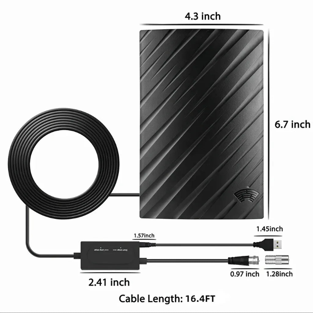 Black plastic HD digital television antenna with mounting screws and adhesive tape.