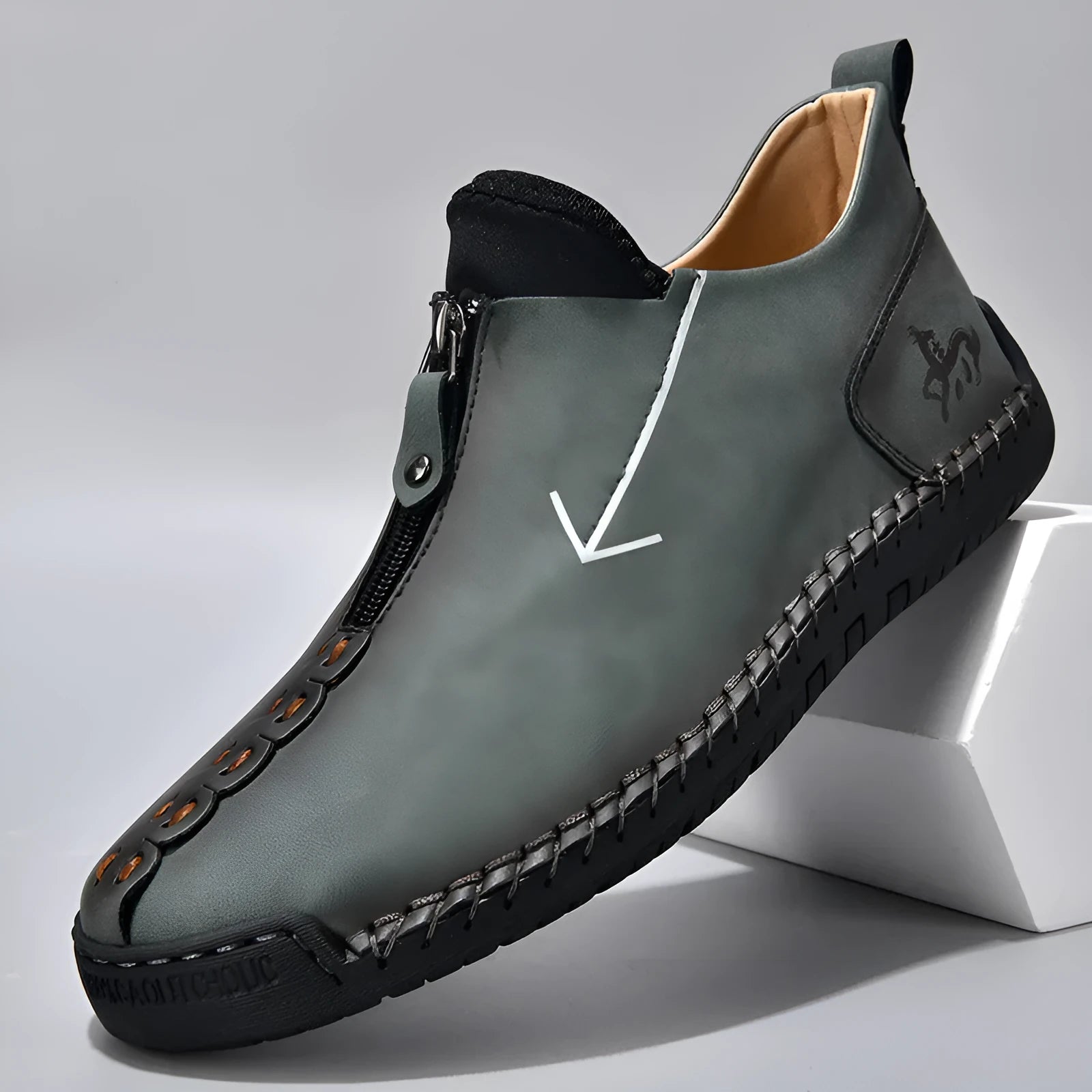 Men's black artificial PU boots with front zipper and rubber sole