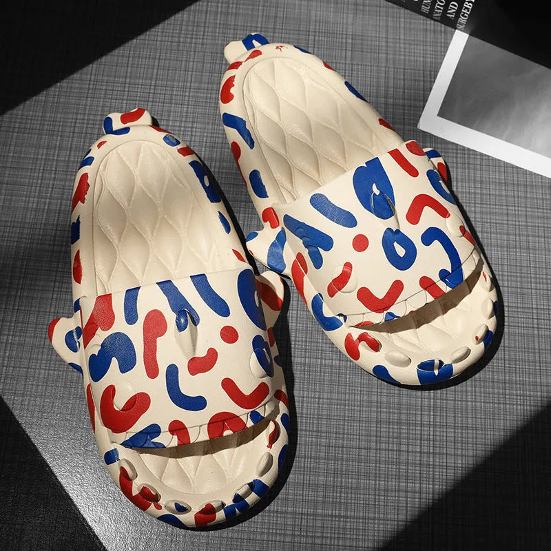 Shark design open-toe home slippers in EVA material on a white background.