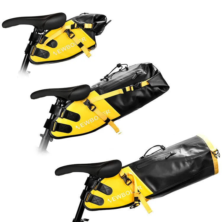 Waterproof bike tail bag in yellow, black, or green with 13-litre capacity for cycling storage