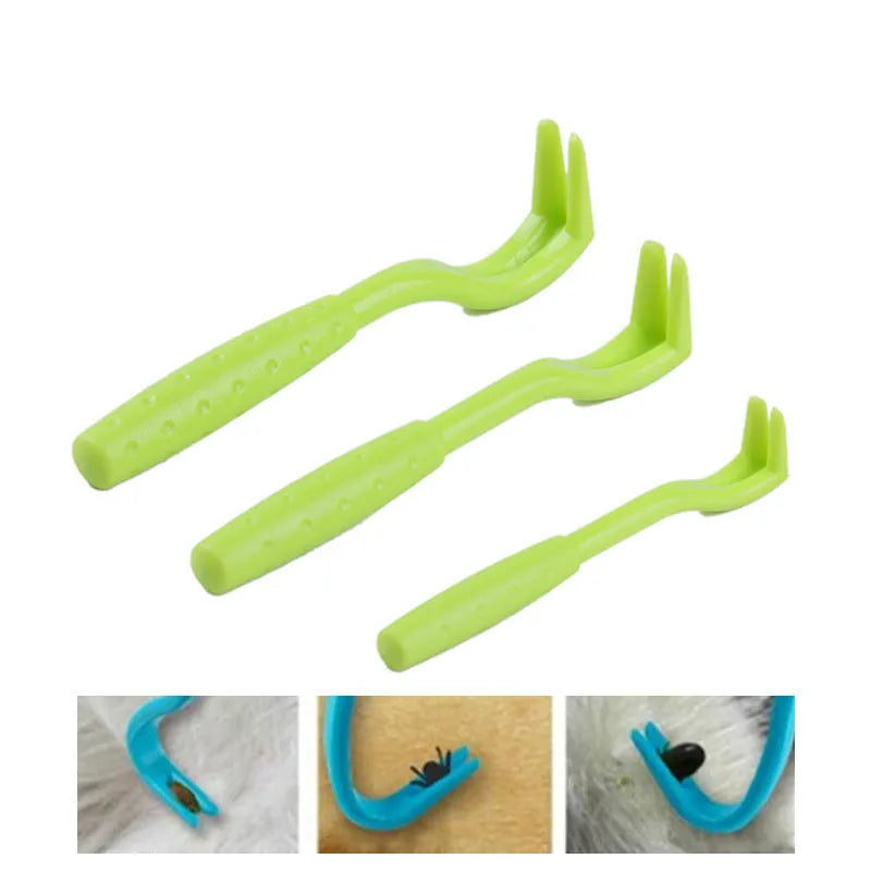 Blue and green plastic pet tick removal clips on a white background