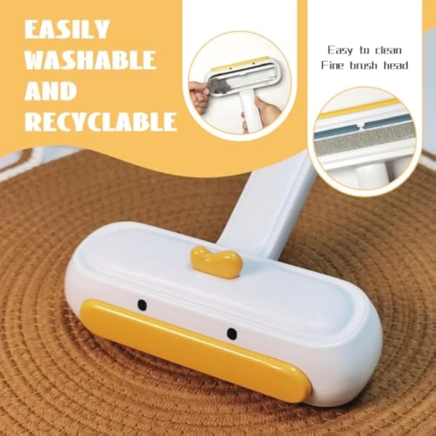 White portable pet hair remover with yellow duck design and polyester bristles for cleaning furniture
