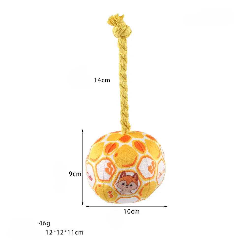 Blue and yellow cartoon elastic football dog toy made from cotton rope for tug of war and chewing.