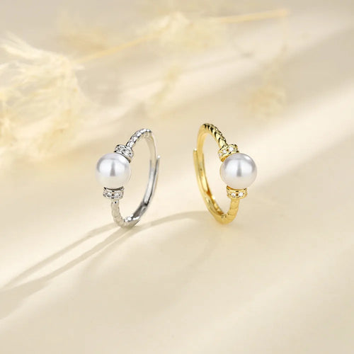 Adjustable copper antique twist pearl ring with geometric design in gold and silver finishes