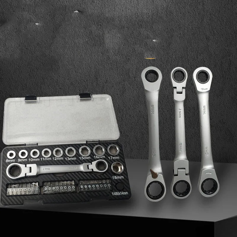 Dual-purpose ratchet wrench set with reversible handle, ten sockets, and three screwdriver bits laid out on a surface.