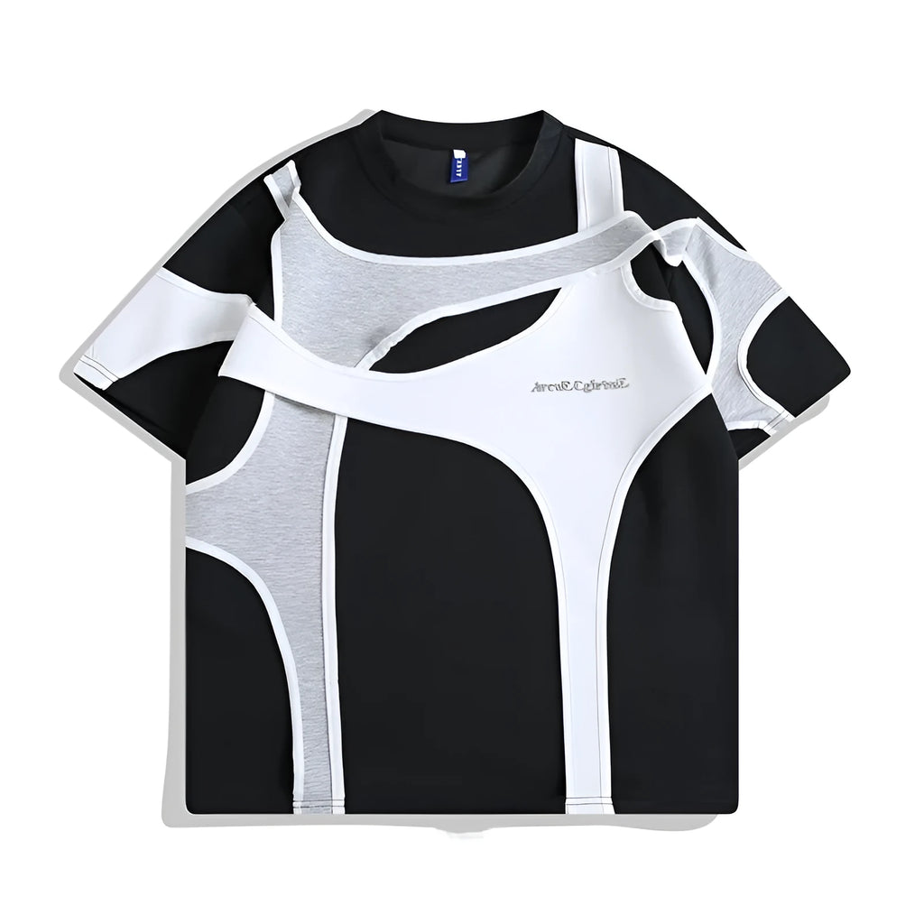 Black loose fit T-shirt with double stitching on padded shoulder strap, round neck collar, and short sleeves