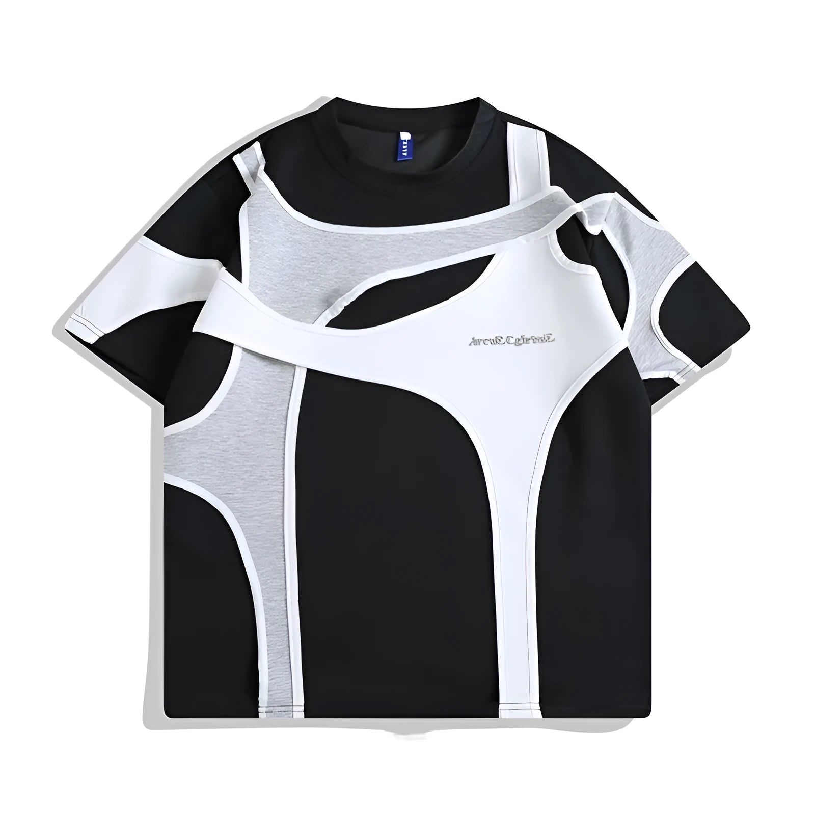 Black loose fit T-shirt with double stitching on padded shoulder strap, round neck collar, and short sleeves