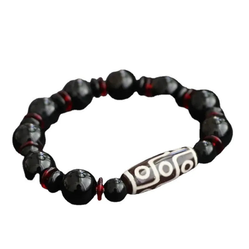 Hand-woven black agate Dzi bead bracelet with 11mm geometric chalcedony stones in national style