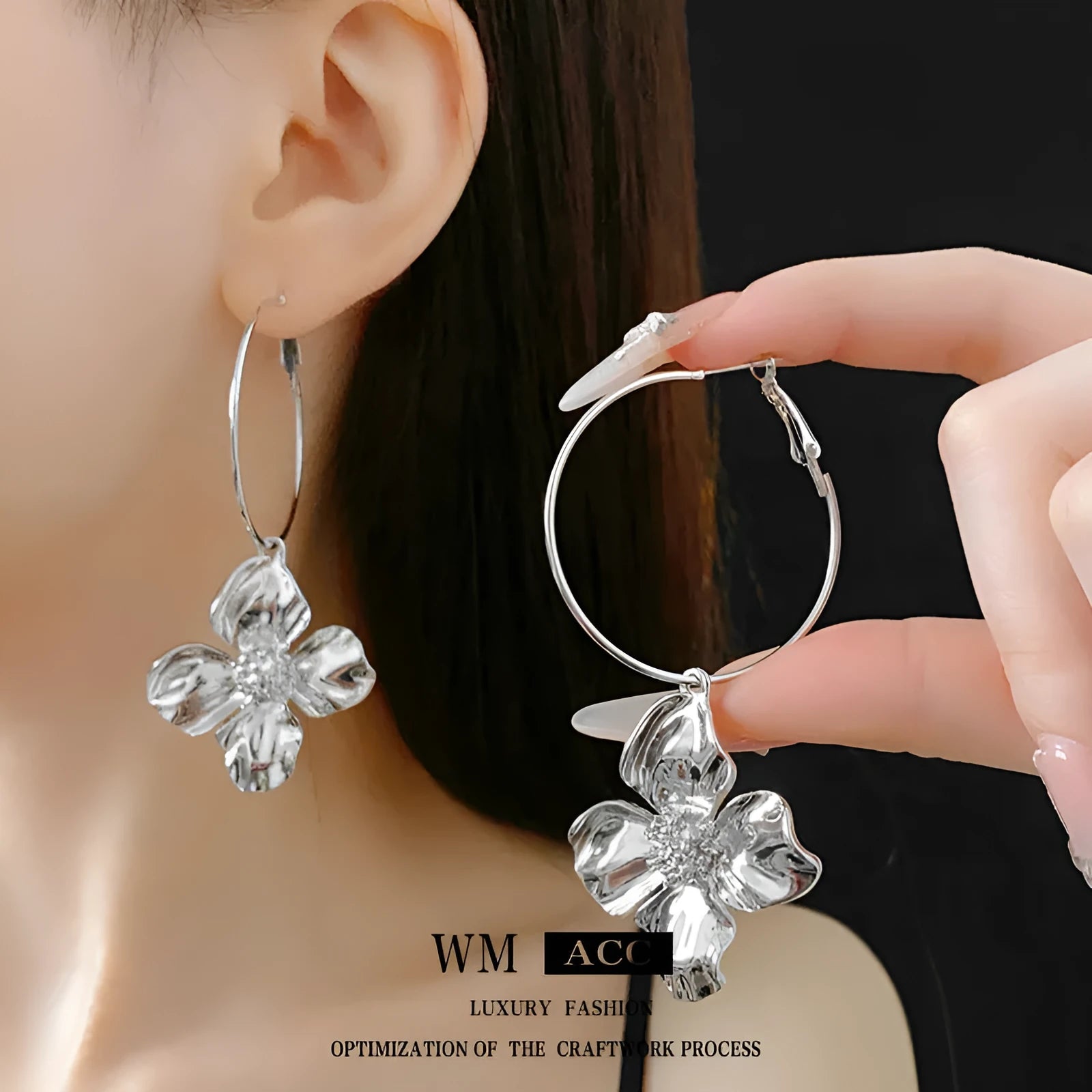 Silver needle geometric flower drop earrings with electroplated gold or silver finish, vintage metal jewellery design