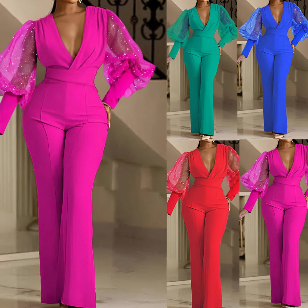 Women's mesh stitch wide leg jumpsuit in polyester with elastic waist shown in blue colour