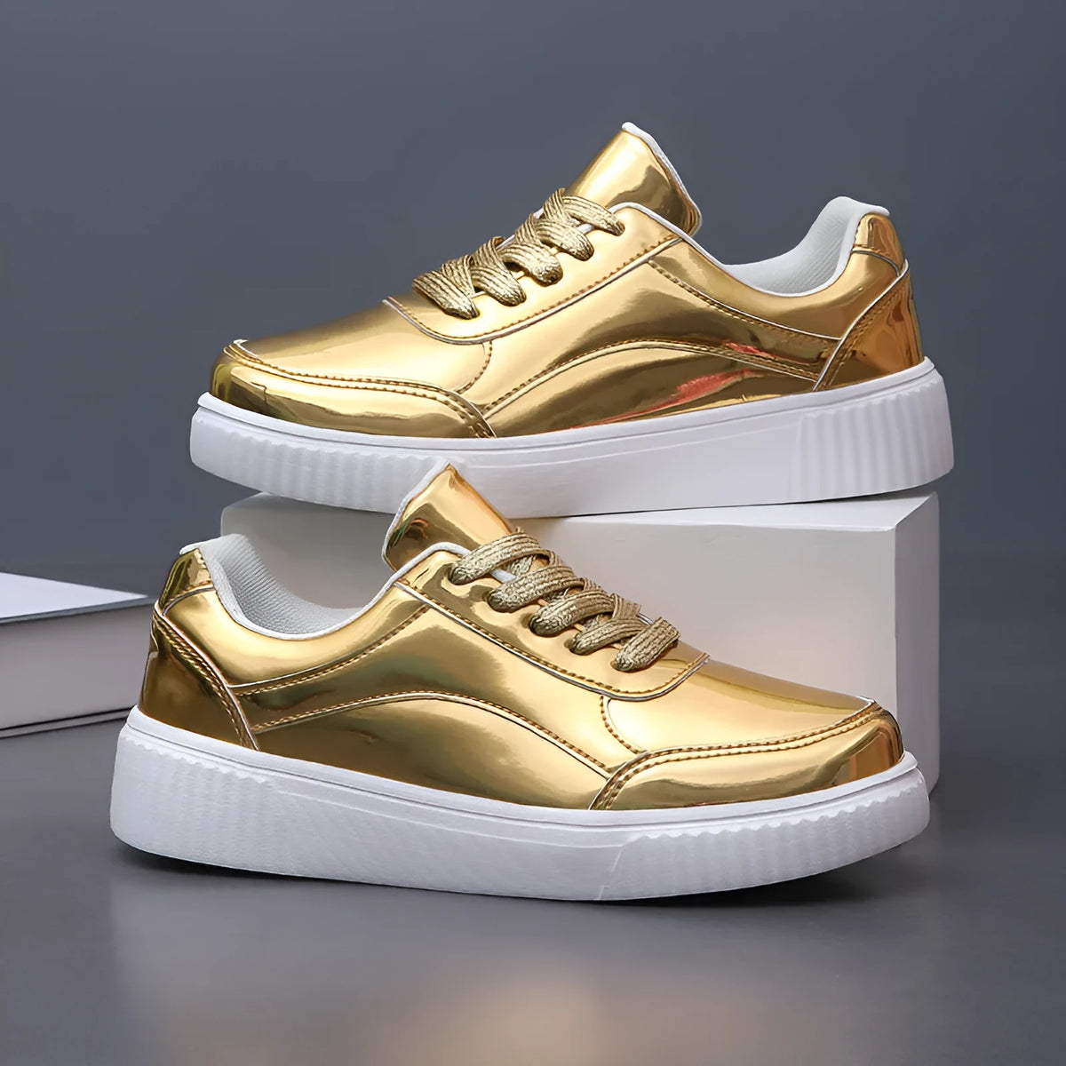 Rose gold sequin platform sneaker with a thick white MD sole and round toe.