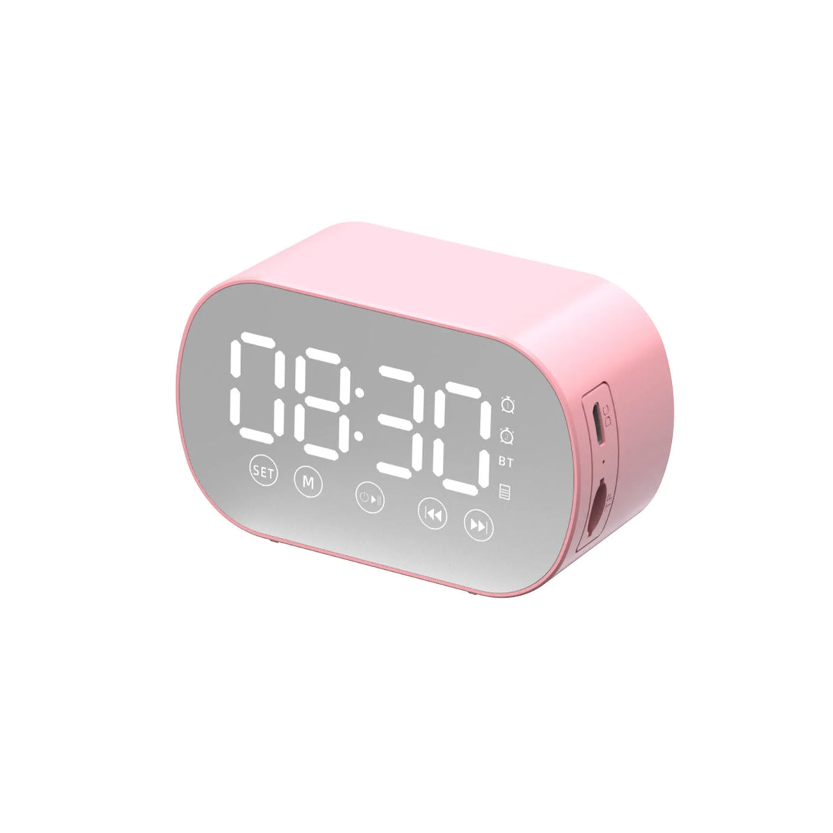 Multifunctional wireless Bluetooth speaker mirror mini alarm clock in black, white or pink, 84x37x50mm, with FM radio and TF card playback