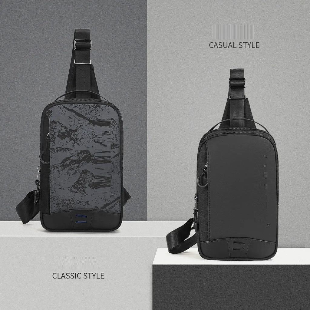 Casual black TPU waterproof chest bag with single strap and square vertical shape.