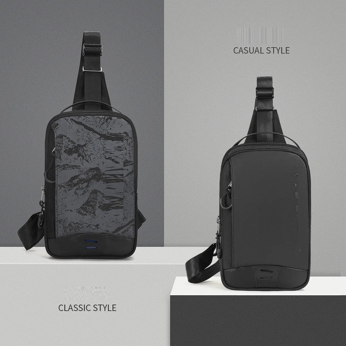 Casual black TPU waterproof chest bag with single strap and square vertical shape.