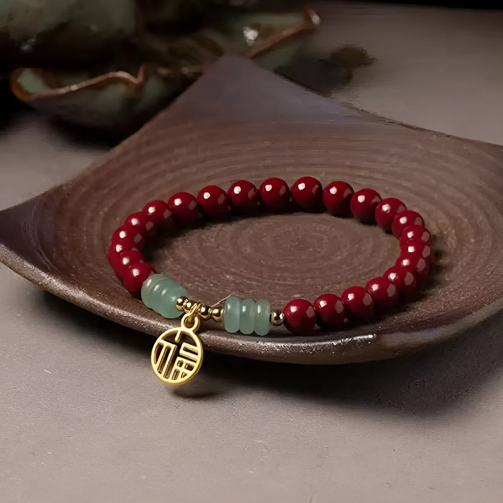 Handcrafted wave-shaped bracelet made from cinnabar and copper beads in national style
