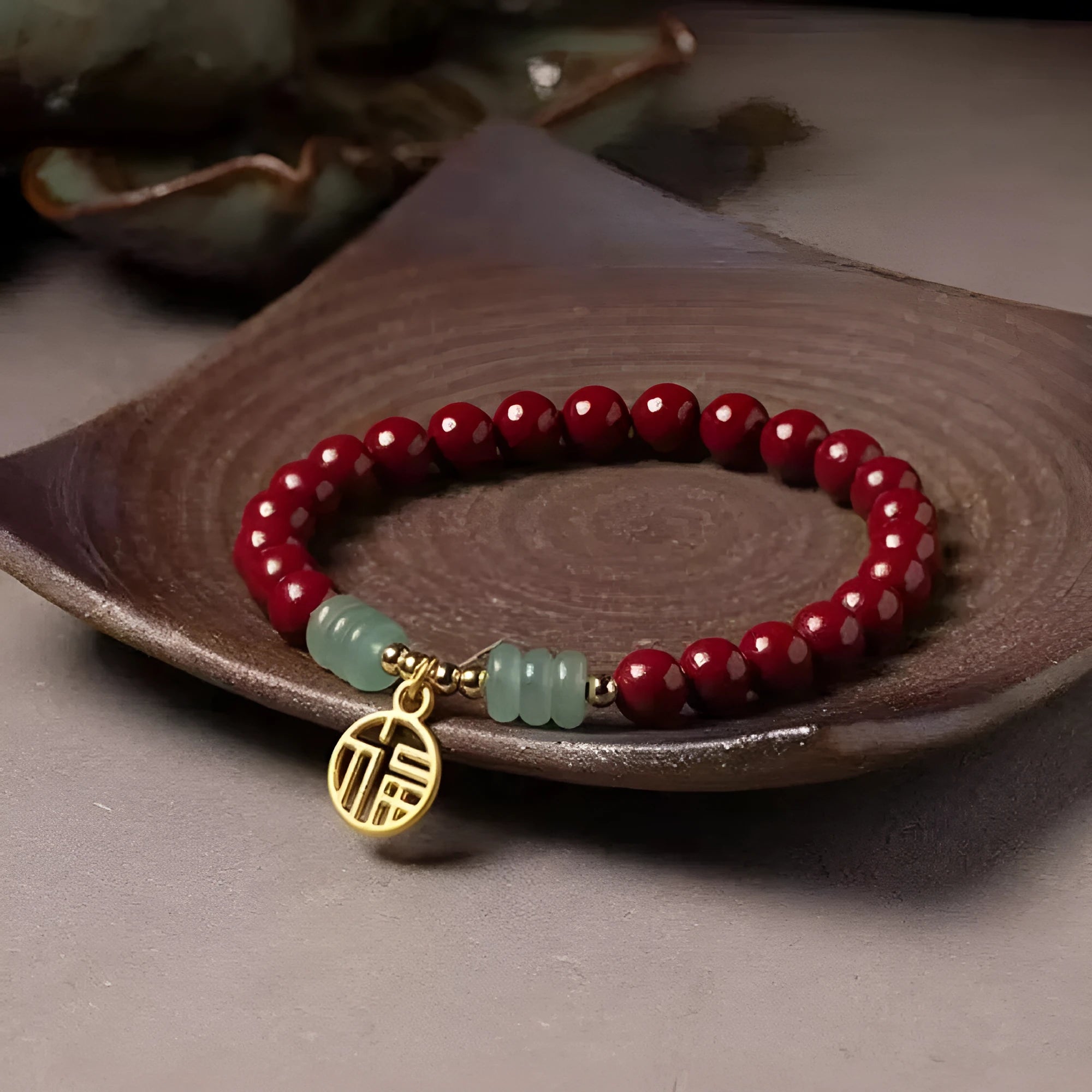 Handcrafted wave-shaped bracelet made from cinnabar and copper beads in national style