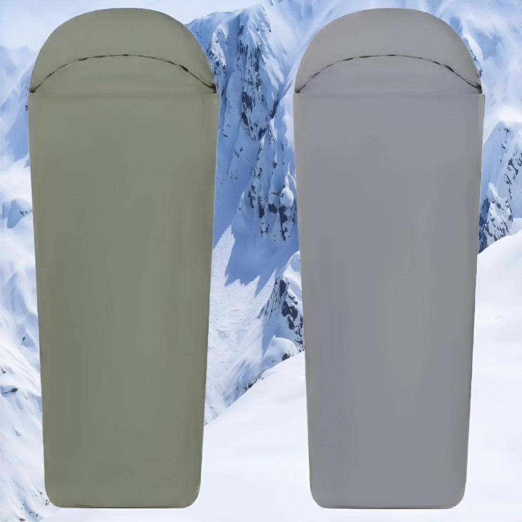 Blue or green nylon mummy camping sleeping bag showing 210 cm length and portable packed size