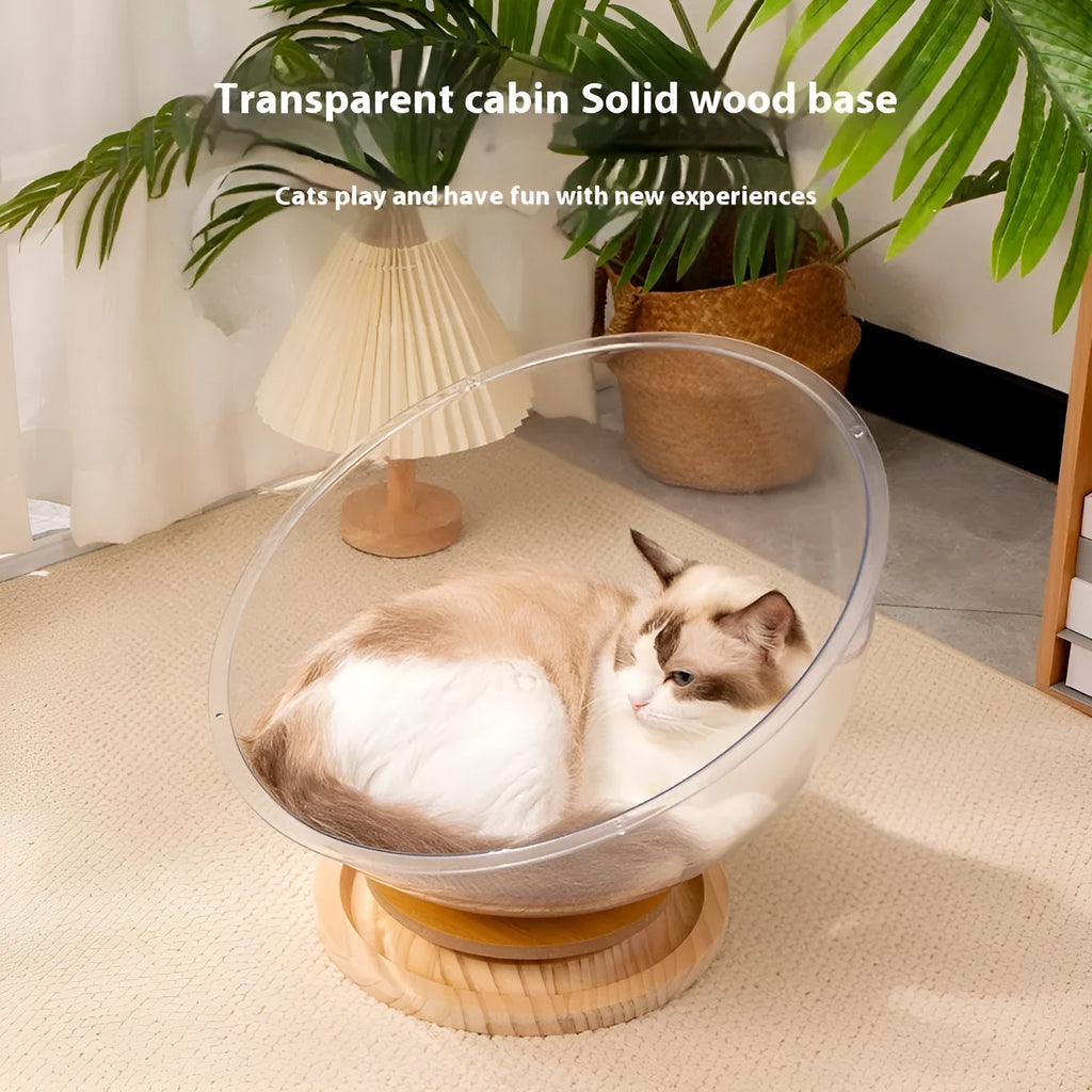 Transparent acrylic cat space capsule bed with turntable base on wooden floor