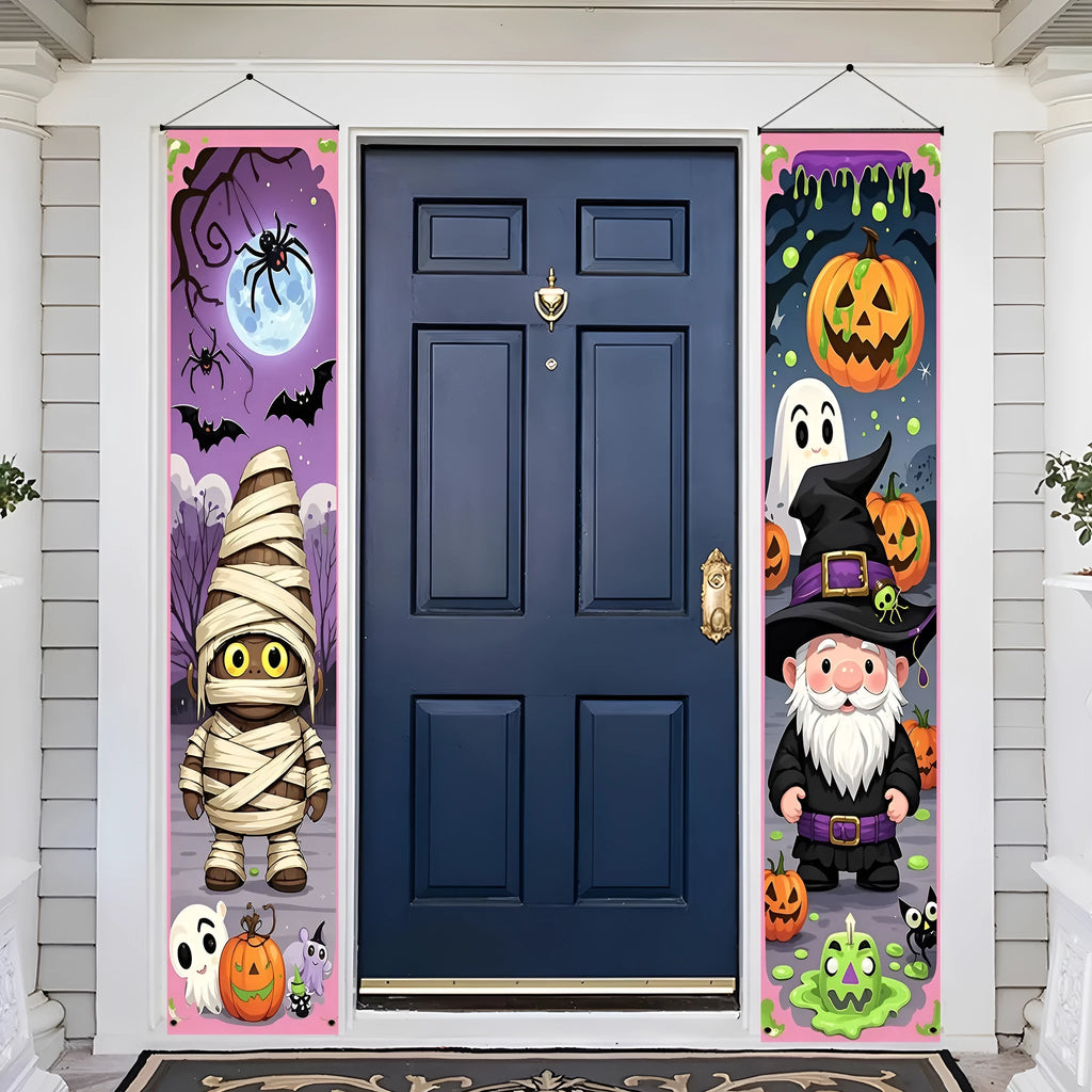 Pair of vertical Halloween couplet banners in polyester fabric measuring 30x180cm for holiday decoration