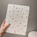 Transparent tri-fold iPad case with floral pattern showing built-in stand angle.