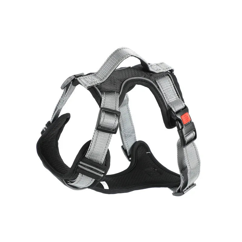 Adjustable polyester dog chest harness in multiple colours with optional hand-holding rope attached.