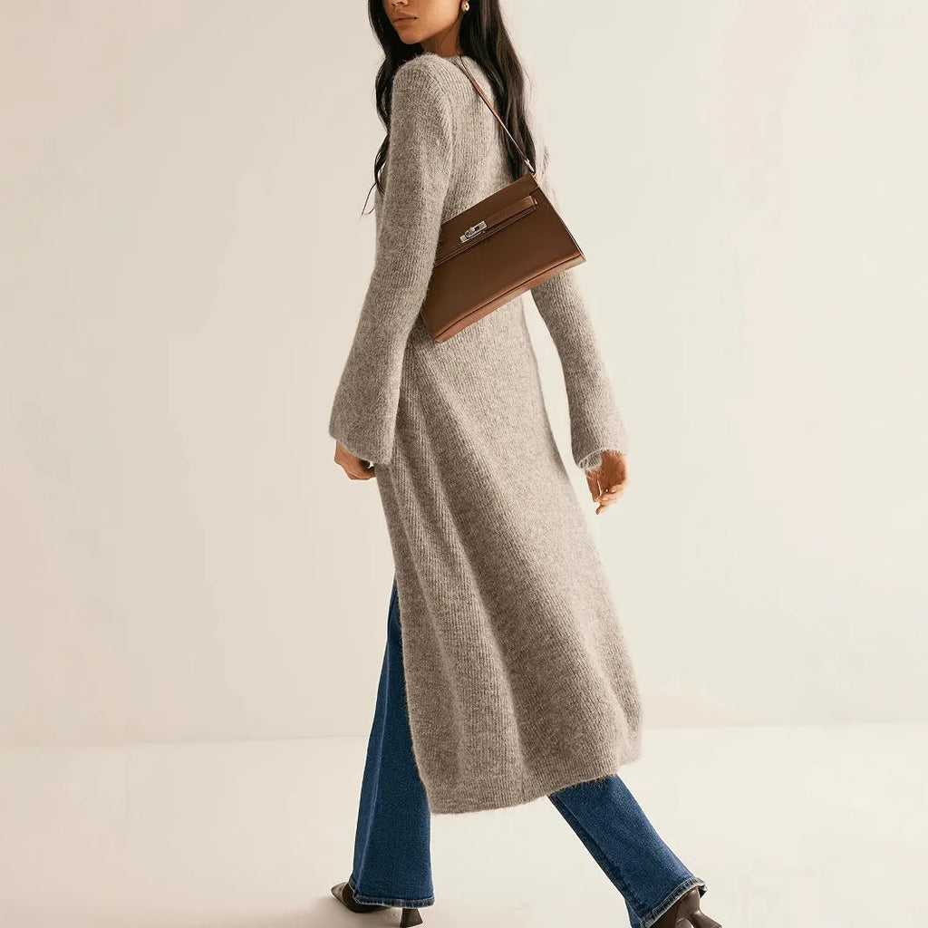 Khaki French style long sleeve cardigan coat with button front closure on mannequin