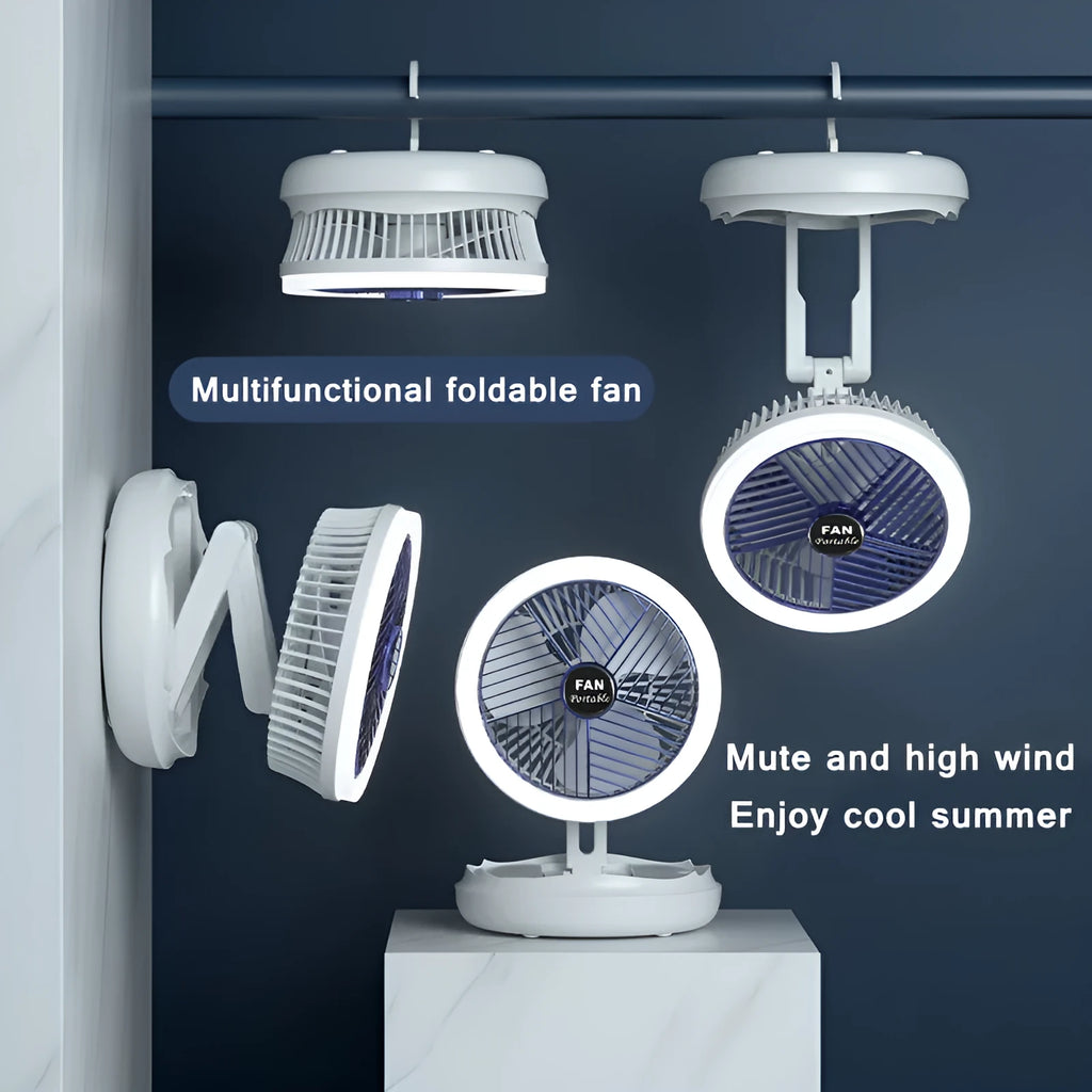 Blue foldable USB desk fan with LED light showing adjustable head and pen holder