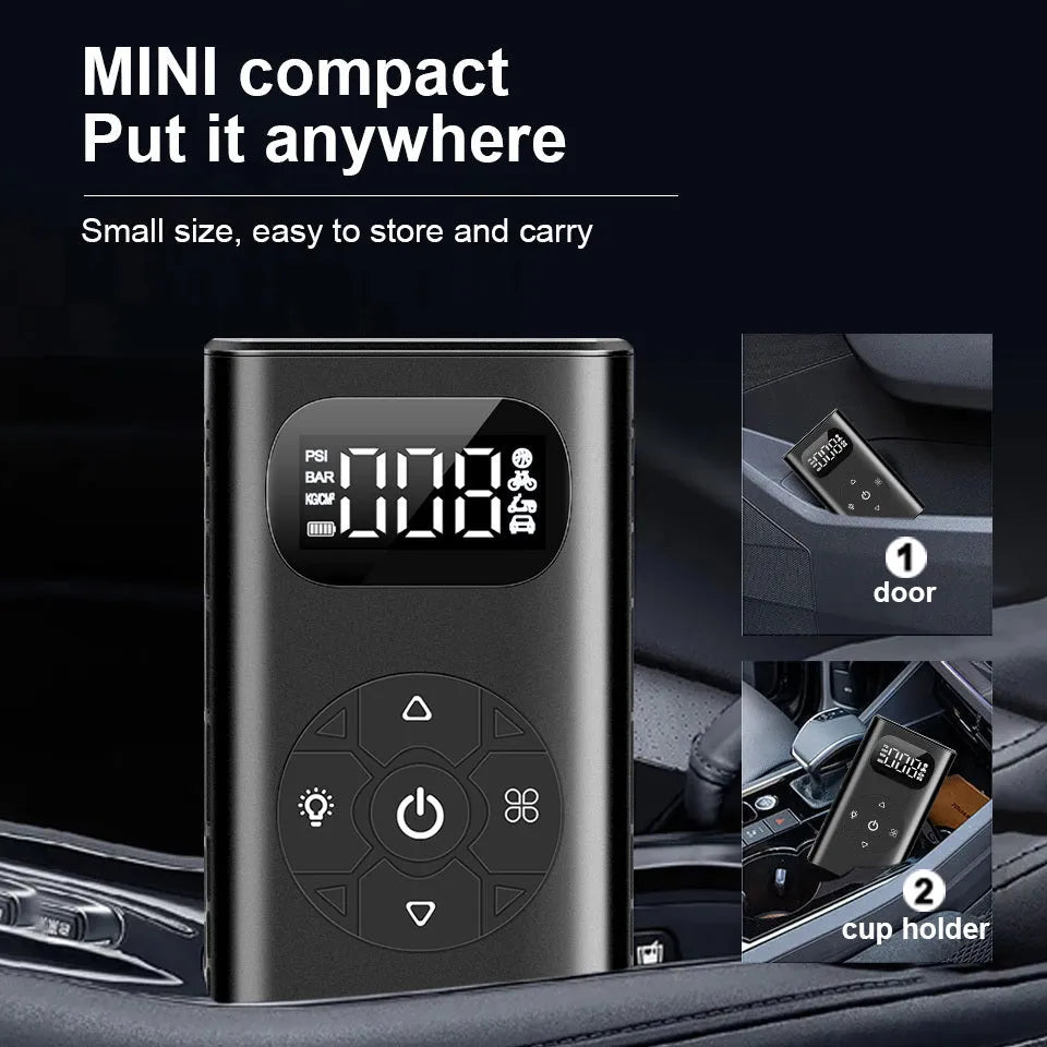 Black cuboid electric air compressor power bank with USB port and 16cm tube for car and motorcycle tyres