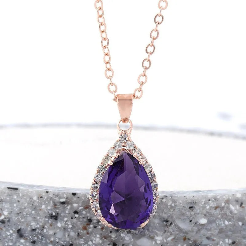 Drop shape women's necklace with rose gold electroplating and rhinestone geometric design in pink colour